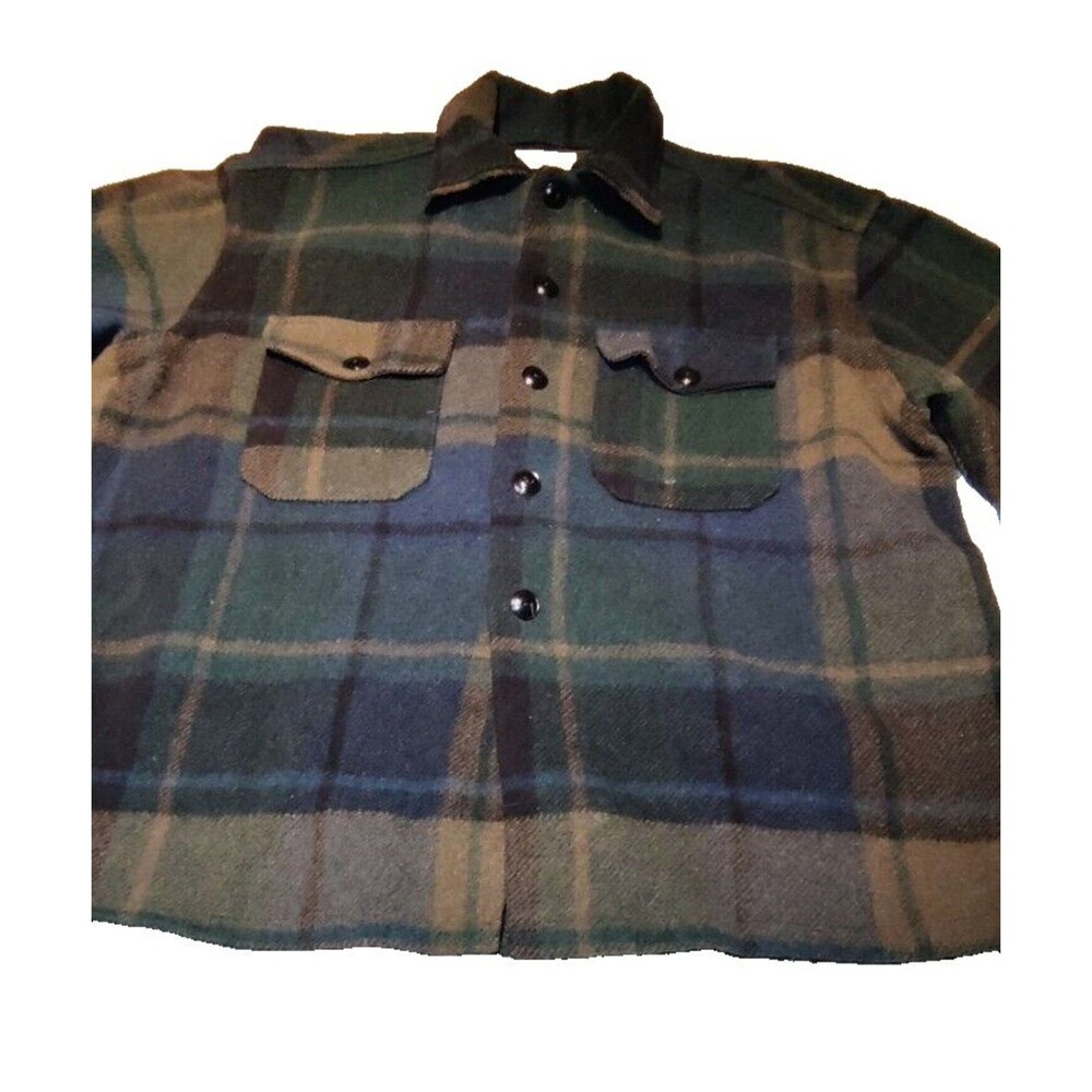 Vintage Traverse Bay Woolen Company Wool Flannel Shirt Green Blue Color 40s 50s - Picture 3 of 15